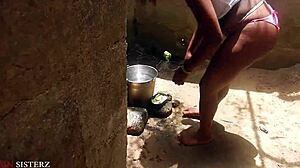 German ebony wife bends over begging for wet outdoor cock pounding