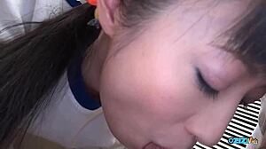 adorable asian teases locker room pussy lick before slurping his load deep