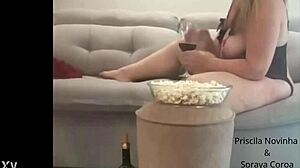 Mom and daughter in open lingerie rub big tits together seductively