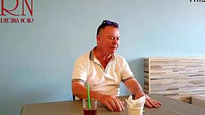 naked waitress lets restaurant guest eat from her navel... so juicy and submissive