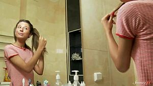 Pigtailed teen Valentina E rides huge vibrator to squirting orgasm bliss