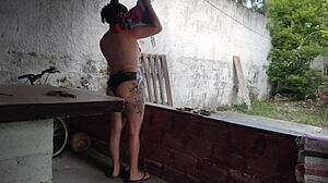 Maid in tiny shorts seduces me - wanna fuck her on the balcony?