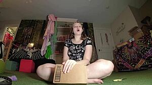 blonde cutie unboxes utimi dildo then rides it hard for first real test drive