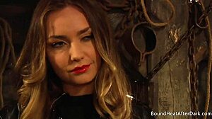 Merciless mistress gropes undresses fingers curvy lesbian slave bound