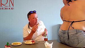 naked waitress lets restaurant guest eat from her navel... so juicy and submissive