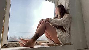 Public Masturbation by Window Seduces Passersby to Squirt