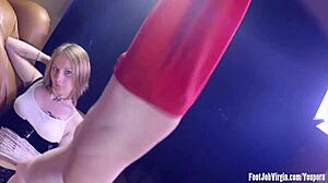 young blonde teases with footjob until hot cum sprays everywhere