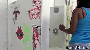 ebony brie simone slurps stranger cock thru gloryhole