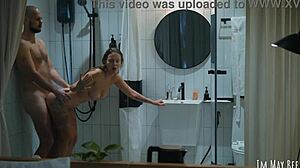 Couple showers together after facial cumshot cleans easier.