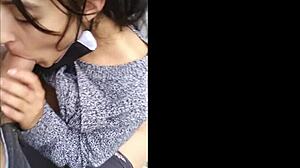 this hot brunette amateur flashes then deepthroats dick sloppy outdoors in public pov