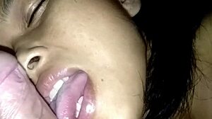 shaved tight pussy creampie floods her after intense wet orgasm begging more.