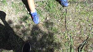 voyeur films horny milf pissing from hairy pussy on beach gets startled