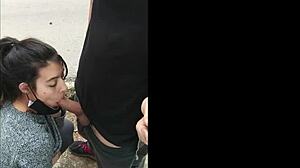 this hot brunette amateur flashes then deepthroats dick sloppy outdoors in public pov