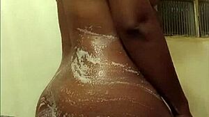 Dripping Wet Ebony Big Ass and Tits Shine in Steamy Shower Play Dripping Everywhere