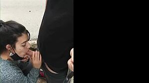 this hot brunette amateur flashes then deepthroats dick sloppy outdoors in public pov