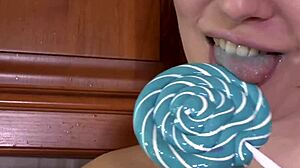 cute brunette teen in high heels sucks lollipop moaning softly hairy pussy tease