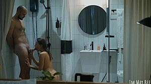 Couple showers together after facial cumshot cleans easier.