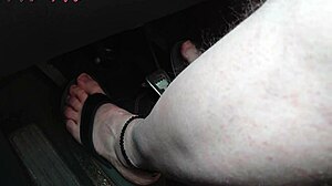 German girl drives car barefoot in flip flops showing sexy naked feet and toes