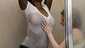 interracial ebony milf paris love soaks shower with wet big tits ass