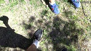 voyeur films horny milf pissing from hairy pussy on beach gets startled