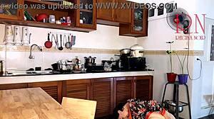 curvy housewife strips pantyhose in kitchen as naked maid orgasms cooking with ripped clothes