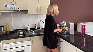 Blonde teen bent over kitchen counter fucked doggystyle gets facial cum mouthful