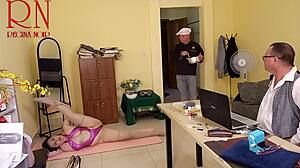 curvy regina noir does wet pussy yoga in office stripping panties for boss