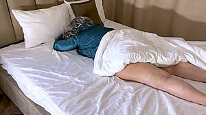 stepmom moans quietly assfucked on soft bed by lover