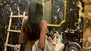 Asian Teen Babe's Sexy Small Waist and Shaved Pussy Drive Him Wild During Cum Covered Bath