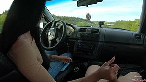 Girlfriend's Huge Cock Handjob in Public Road Car