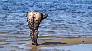 black babe flashes big tits ass beach public tease