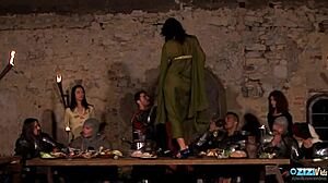 Busty redhead maidens at medieval fair bent over for monster cock blowjobs