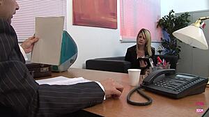 boss gets cozy with two blonde secretaries on desk