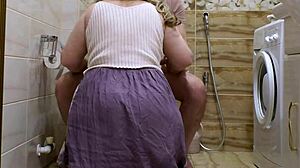 stepmom sneaks blowjob to stepson in toilet then rides his cock hard