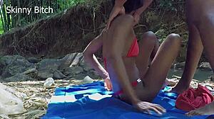 muscular african bodybuilder dominates skinny babe forest sex see-through legs