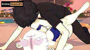 cat girl takes rich guy's cock pounding right on beach