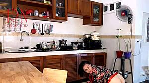 curvy housewife strips pantyhose in kitchen as naked maid orgasms cooking with ripped clothes