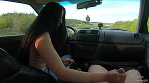 Girlfriend's Huge Cock Handjob in Public Road Car