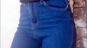 solo babe slips into very comfortable jeans for soft sex play