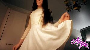 sweet brunette babe undresses fingers to orgasm in white dress solo