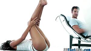 My feet get cummed during her hot footjob tugging