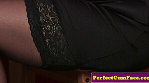 Gorgeous beauty sucks cock in stockings gets facial cumshot