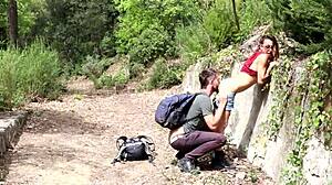 horny hikers fuck doggystyle and cum in mouth bent over trail!