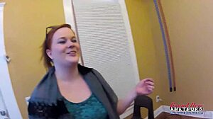 Busty Redhead Carolyn Fingers Pussy Then Deepthroats Cock for Facial Cumshot