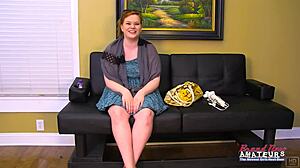 Busty Redhead Carolyn Fingers Pussy Then Deepthroats Cock for Facial Cumshot