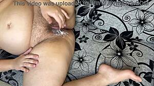 chubby cheating wife fingers hairy cum-dripping pussy after rough creampie with old bull