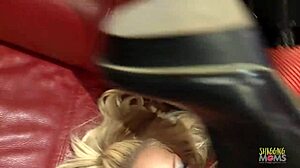 Blonde Bombshell in Red Fishnets Rides Boss Cock on Sofa!