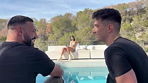 Skinny pool girl squirts screaming on two huge Spanish cocks double penetration rough