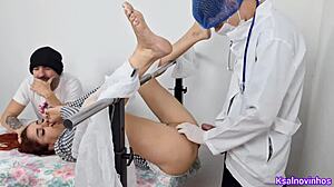 while her clueless hubby waits outside the doc fingers and fucks his horny wife deep