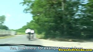 We hitchhike and fuck outdoors while driver films our cumshot pov